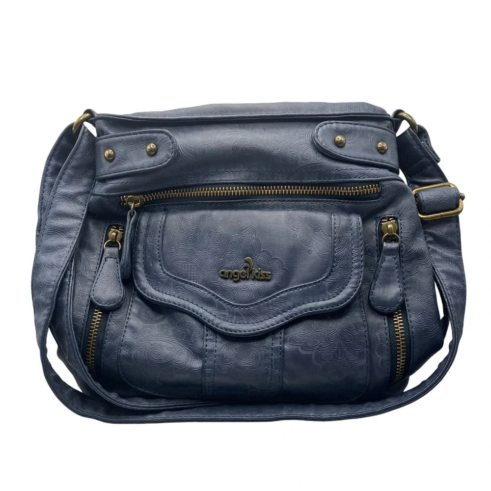 Angel Kiss Crossbody Bag Medium Blue Embossed Paisley Multi-Pocket Hobo Purse